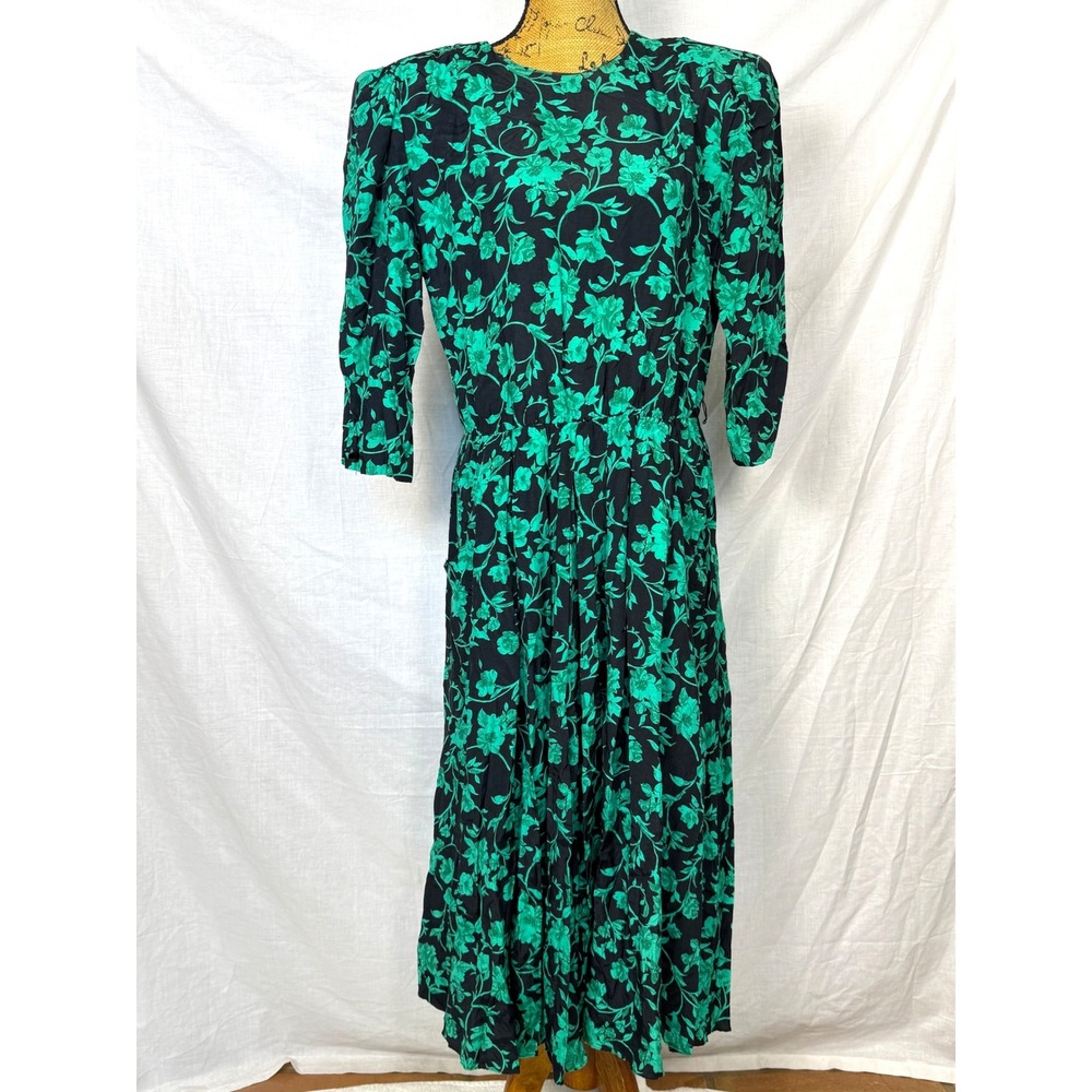 Vtg REO Original Floral Dress USA Green Black Midi Sz 14 Modest Fairy 90 Cottage